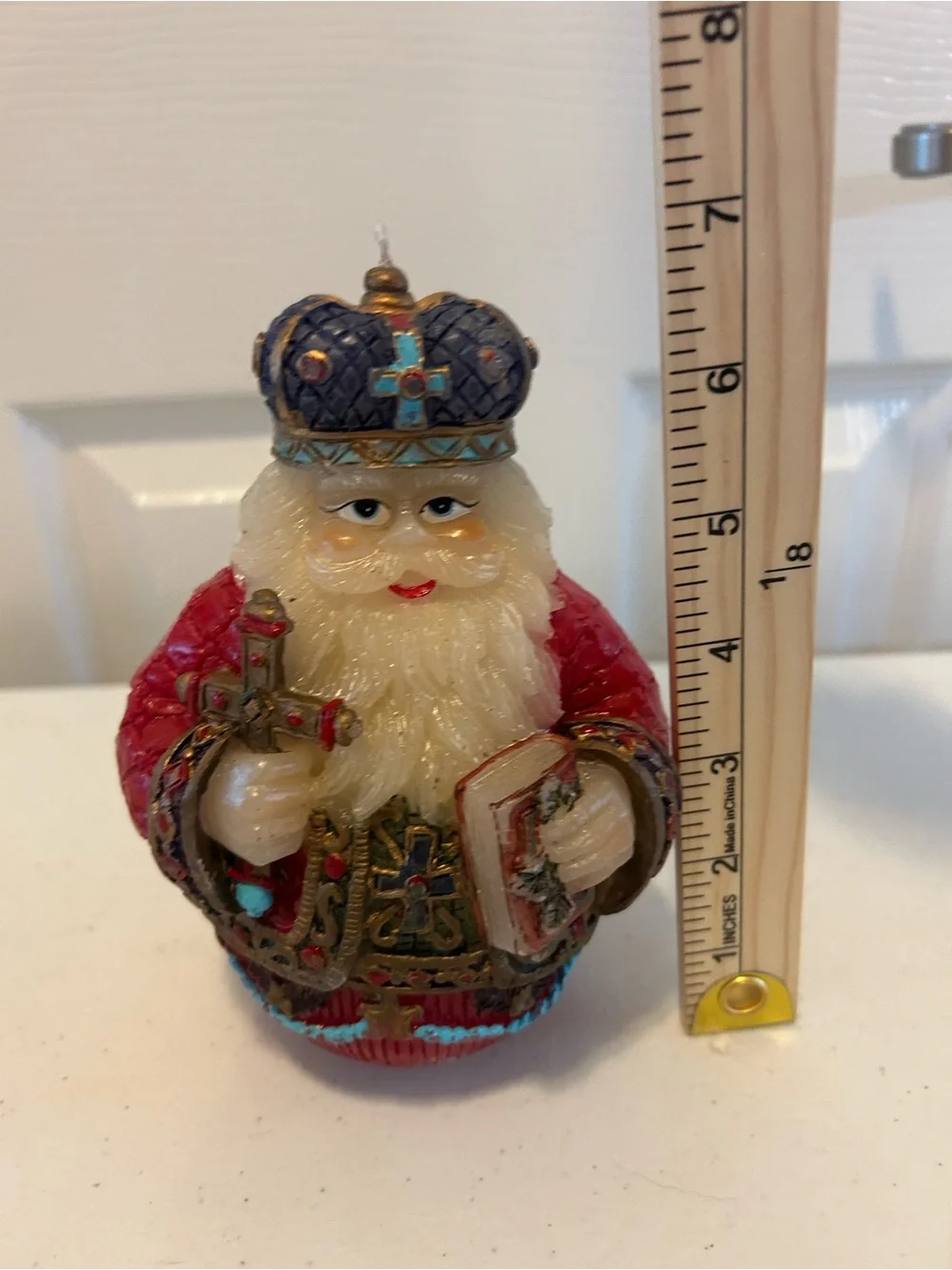 Holiday Santa Candle Figurine in Red, Blue and Gold